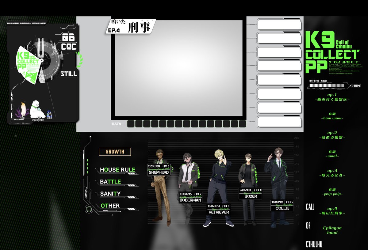 ▍𝗖𝗼𝗖  K9-COLLECT.PP
ᴷᴾ  ┊梅原さん
ˢᴷᴾ ┊田口ちぐたさん
ᴴᴼ¹ ┊　犬童 利一 / 鈴凪
ᴴᴼ² ┊　狩生 レオン /ひことさん
ᴴᴼ³ ┊　浅晒 駈 /トワイさん
ᴴᴼ⁴ ┊　牙城 紗衛 /るりさん
ᴴᴼ⁵ ┊　吉楽 笑汰 /ねむるさん
全生還！お疲れさまでした！楽しかった～！