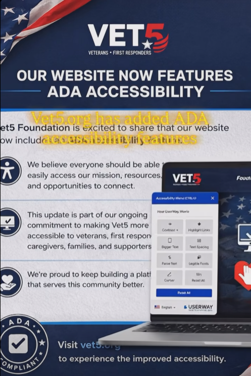 Vet5_Foundation's tweet photo. We believe everyone should have access to support, resources &amp; community.
@Vet5Foundation is proud to announce ADA accessibility is now live on vet5.org- part of our ongoing commitment to serving veterans, first responders, &amp; families better.
✅it out  👉 https://t.co/DecQ8gGaAd https://t.co/UYEjJsKVQo