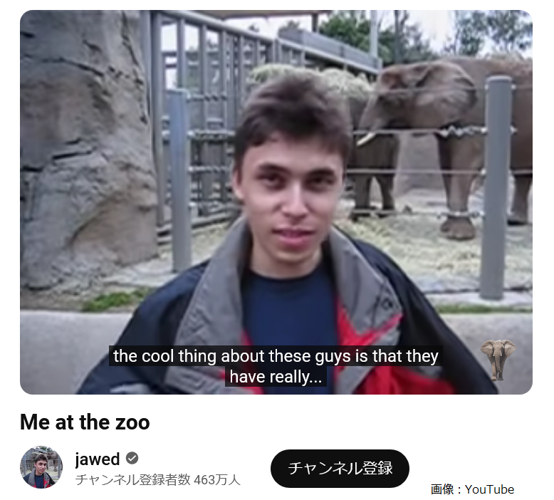 【記念碑的存在】本日4月23日は「YouTubeに初の投稿動画『Me at the zoo』が公開された日」

YouTubeの創設者の1人であるジョード・カリムが「jawed」というアカウント名で投稿。アメリカのサンディエゴ動物園内にある象舎の前で撮影したわずか19秒の内容となっている。