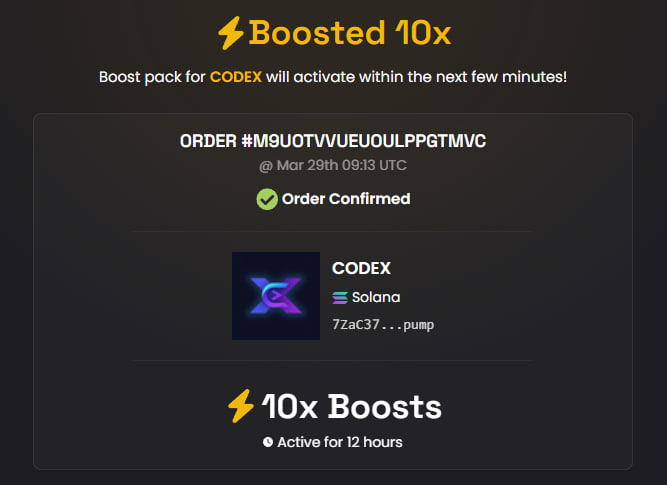 CodeX_Solana's tweet photo. $CODEX is now Boosted 10x CODEX on @dexscreener 

https://t.co/UPYYrfuD0L 

#pumpfun #Solana #Sol #pumpfun #codex https://t.co/tfDdNwjxhb