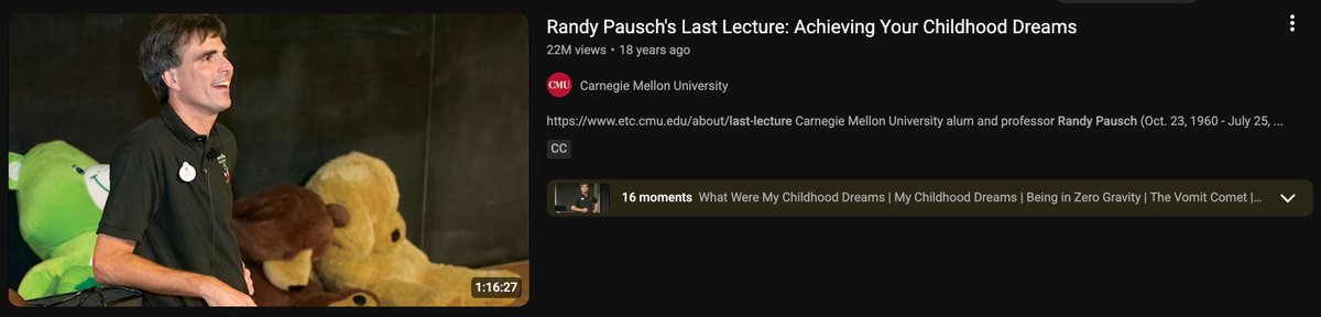 hanifproduktif's tweet photo. Di YouTube ada video kuliah 1 jam 16 menit dari Carnegie Mellon University.

Video ini ditonton lebih dari 22 juta kali.

Yang ngasih kuliah: Randy Pausch, profesor computer science. Waktu dia berdiri di depan 400 orang itu, ada 10 tumor di liver-nya. Dokter bilang sisa waktunya tinggal 3-6 bulan.

Video ini inspiring banget dan wajib lo tonton. Ini rangkumannya kalo lo ga sempat nonton 1 jam: