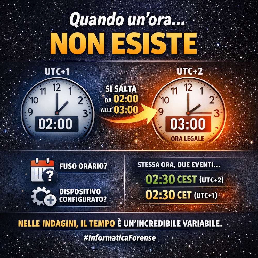 forensico's tweet photo. ⏰ Oggi, tra le 2:00 e le 3:00, il tempo... non è esistito.
Ogni ultima domenica di marzo è infatti un giorno importante per chi si occupa di #informaticaforense perché si passa all'ora legale spostando in avanti le lancette dalle dalle 02:00 alle 03:00, passando quindi da GMT+1 a GMT+2 e "saltando" un'ora.
Non tutti i dispositivi si aggiornano in automatico e anche quelli che possono farlo dipende da come sono stati configurati, è quindi essenziale nella ricostruzione delle #timeline tenere sempre conto del fuso orario di riferimento e del periodo dell'anno, oltre che del fatto che appunto il dispositivo tenga conto o meno di questi due riferimenti e che l'utente può in ogni caso gestire diversamente le cose. 👀
Anche l'ultima domenica di ottobre è importante e persino più complicata da gestire, perché si torna all'ora solare e le lancette si spostano un'ora indietro (dalle 03:00 alle 02:00) sostanzialmente vivendo due volte la stessa ora, che viene distinta quindi dal regime orario di riferimento.
Potremmo quindi avere due eventi distinti occorsi apparentemente alla stessa ora - ad esempio un login e un logout entrambi alle 2:30 - ma il primo in CEST/UTC+2 e il secondo in CET/UTC+1. 🚨
Un’ultima nota sulle sigle: oltre al “vecchio” GMT, oggi si utilizzano più correttamente CET (Central European Time, ora solare), CEST (Central European Summer Time, ora legale) oppure UTC+1 / UTC+2: il riferimento moderno è infatti l’UTC (Coordinated Universal Time), che ha sostituito il GMT come standard internazionale.
Nella #digitalforensics quindi un’ora può non esistere oppure esistere due volte, essenziale quindi tener conto di tutte le problematiche legate ai fusi orari e ai regimi solare/legale quando si ricostruiscono eventi in una timeline o #supertimeline. 