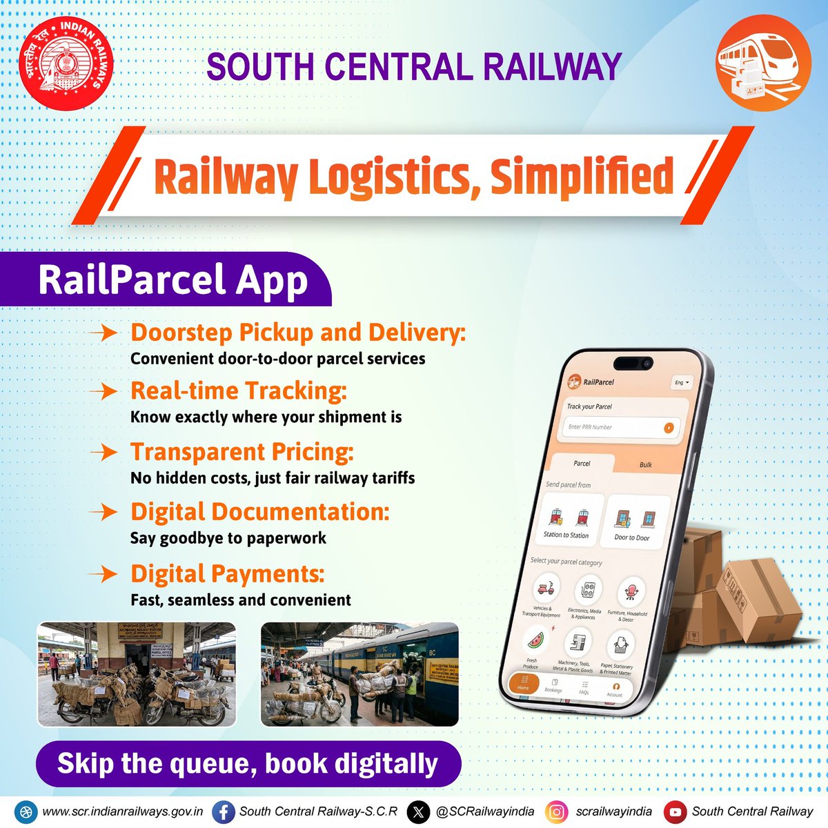 SCRailwayIndia's tweet photo. Make logistics smarter with the Indian Railways #RailParcel App 🚆📦
Book parcels from your doorstep, track them in real-time and enjoy transparent pricing—all at your fingertips! 📲
#DigitalIndia #SmartLogistics #IndianRailways #SCR
@RailMinIndia @AshwiniVaishnaw https://t.co/6mka3yBe5I