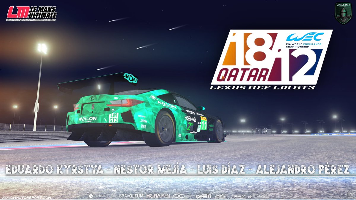 AVALON_MSPORT's tweet photo. 🏁 ENDURANCE DAY 🏁
in @LeMansUltimate
🎯1812 Qatar🎯
Un nuevo desafío de resistencia para los Caballeros, en un circuito espectacular.
Surcarán los cielos 4 estrellas fugaces del reino de AVALON MOTORSPORT, a los mandos de su #LexusRCF LM #GT3
🛡️ @eduardo_ek23
🛡️ @nestor_mejia98
🛡️ @AVA_ALEXINI415
🛡️ Luis Díaz Conde
Good luck guys 🤞
🖼️ #AvalonStudio
🧑🎨 @Eevana071
#LMU #Endurance #1812Qatar #PC #Motorsport #Simracing