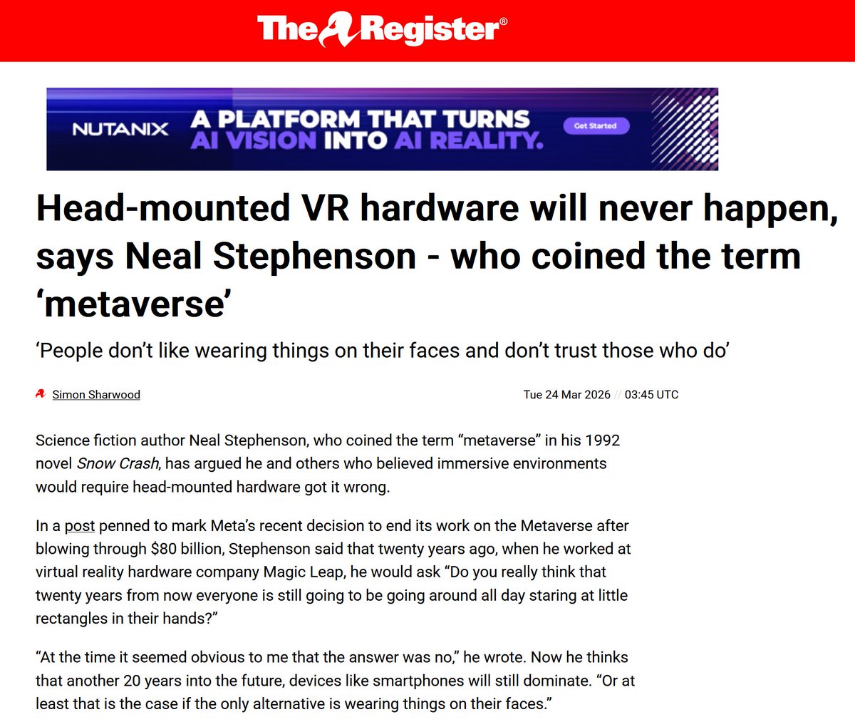 SkarredGhost's tweet image. We really needed Neal Stephenson to also contribute to the VR is dead narrative...

 theregister.com/2026/03/24/nea…

#VirtualReality #VR #metaverse
