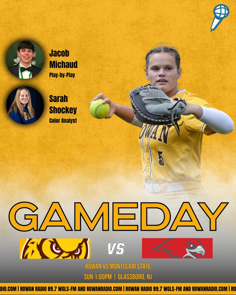 WGLSSports's tweet photo. GAMEDAY!
@RowanUSoftball plays Montclair State in a doubleheader with first pitch of game one at 1pm!
PBP: Jacob Michaud
Color: @SarahShockey6
Producing: @OwenTColwell and Mattie Mac Kay
Live on Rowan Radio 89.7 WLGS-FM and https://t.co/DaHAVxDLHc Channel 1! #ProfNation https://t.co/Beg2nYdhuC