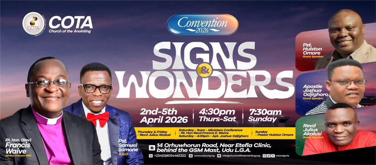 Join us to celebrate the resurrection this Easter weekend from Thursday 2nd April to Sunday 5th April at Church of the Anointing 14 Orhuwhorun road. A life changing experience awaits you. Signs and Wonders following