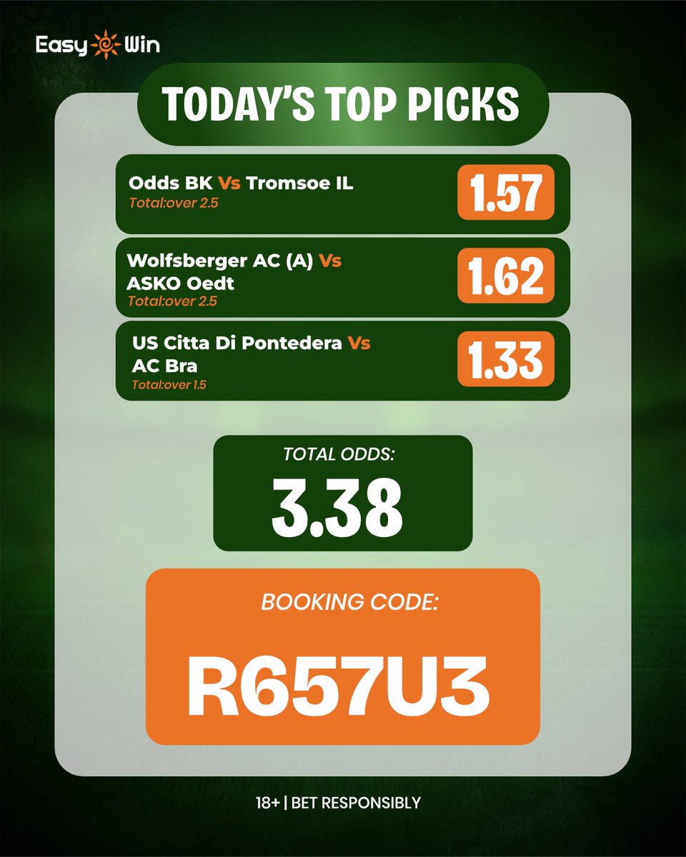 easywin_ng's tweet photo. Goals on goals, no room for dull games ⚽🔥
Over 2.5, over 1.5… we’re expecting action all through 💥
Smart picks lined up for maximum value 📊💯
Total Odds: 3.38 🚀
Booking Code: R657U3 🎟️
Let the goals rain in 💸
#EasyWin #OverGoals #BettingTips #WinningSlip #GoalRush https://t.co/pvxvWnSMpR