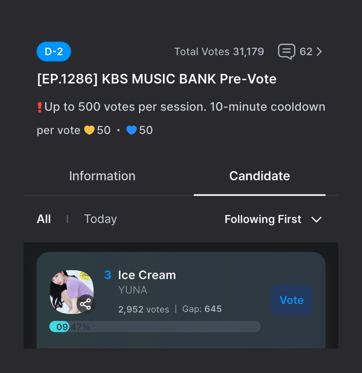 📢 YUNATICs &amp; MIDZYs NOTICE ‼️

Music Bank pre-voting is now open on Fancast.

🗓 Deadline: April 1, 11:00 KST (in 2 days)

This is Yuna’s biggest chance for a win.
Your participation is crucial.

Please make sure to:
• Vote on Fancast
• Stream consistently
• Share and