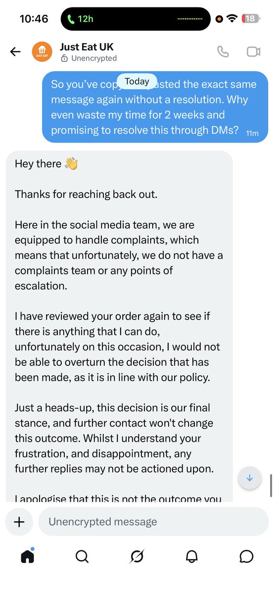 sye971's tweet photo. @JustEatUK thanks for “resolving” via DMs. WASTED 2 WEEKS NOT REPLYING just to get the same response today! Are there even any real people on the X team because you all just regurgitate the same messages? https://t.co/m0EFeHiFtr