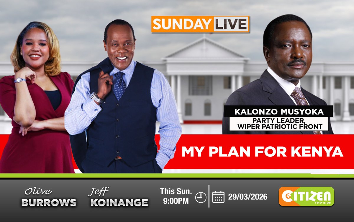 skmusyoka's tweet image. Tonight, join me with @KoinangeJeff and @OBurrows as we discuss: MY PLAN FOR KENYA. 
Tune in to #SundayLive on Citizen TV from 9pm.