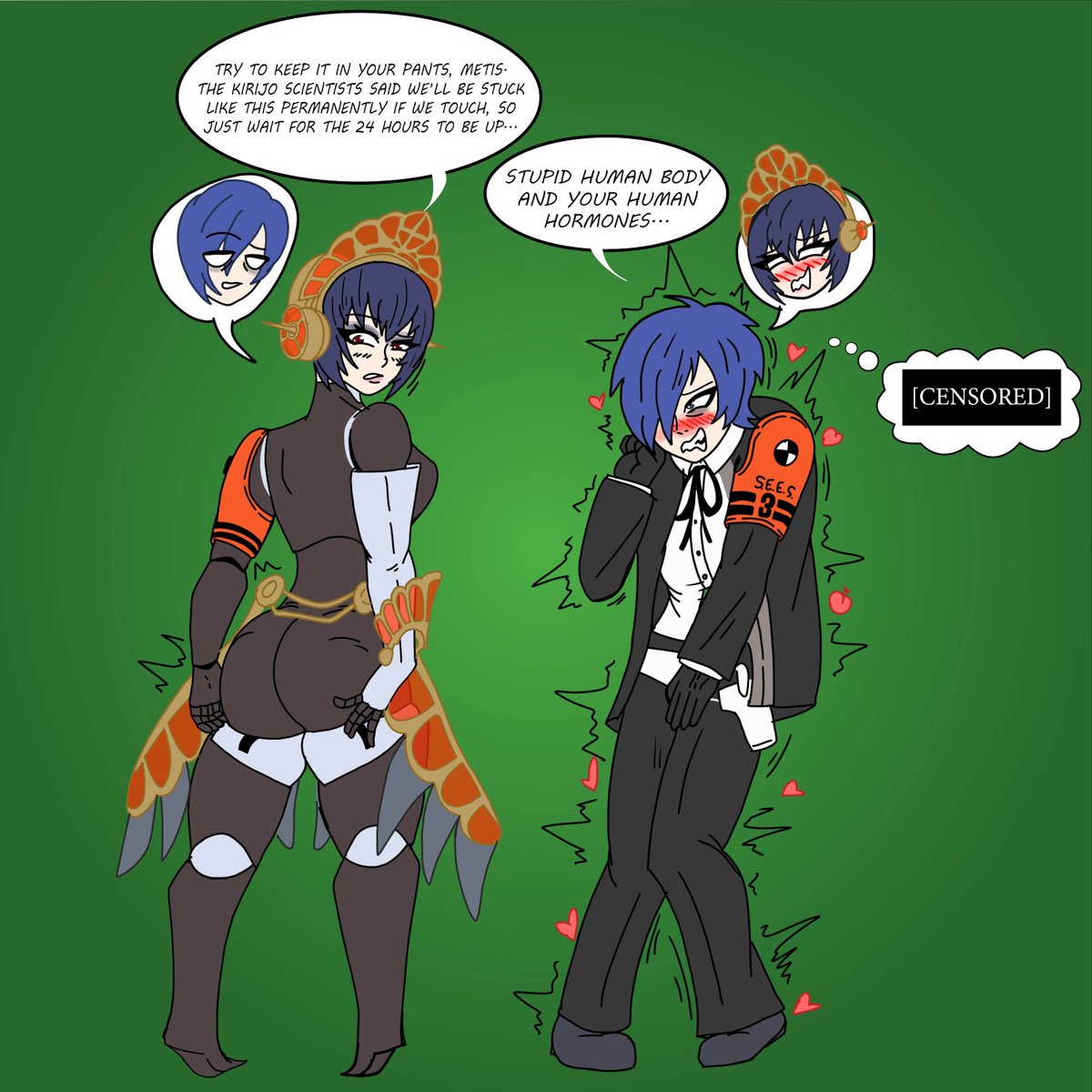 A comm for an annon who requested a body swap between Makoto and Metis from Persona 3. I'm not used to drawing characters from behind, so it was a challenge!