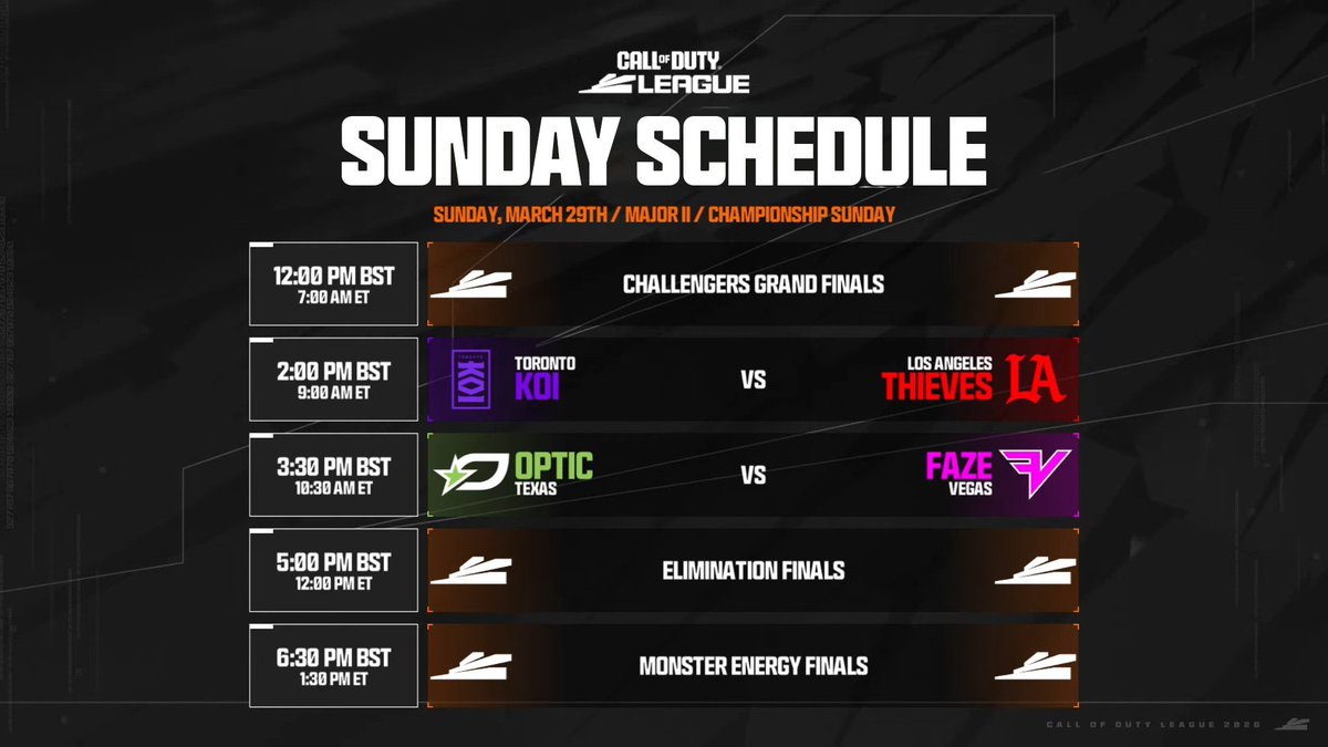 CDLFrance's tweet photo. 🏆 Championship Sunday | Major II 

• 13h00 FINALE Challengers

• 15h00 @TorontoKOI vs. @LAThieves 
• 16h30 @OpTicTexas vs. @FaZe_Vegas
• 18h00 Perdant OpTic/FaZe vs. Gagnant KOI/LAT

• 19h30 FINALE Major II 

#CDL2026 https://t.co/GfYngdGtWp
