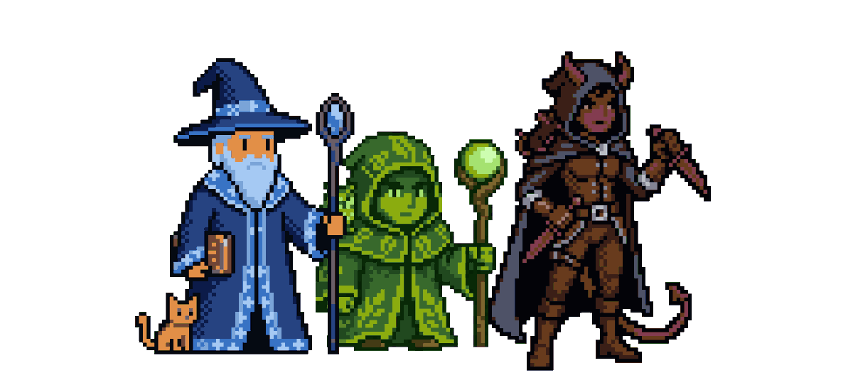 Building a pixel art party for my D&amp;D character sheet app
-> Wizard, Druid, and Rogue are in.
Fighter is next!!