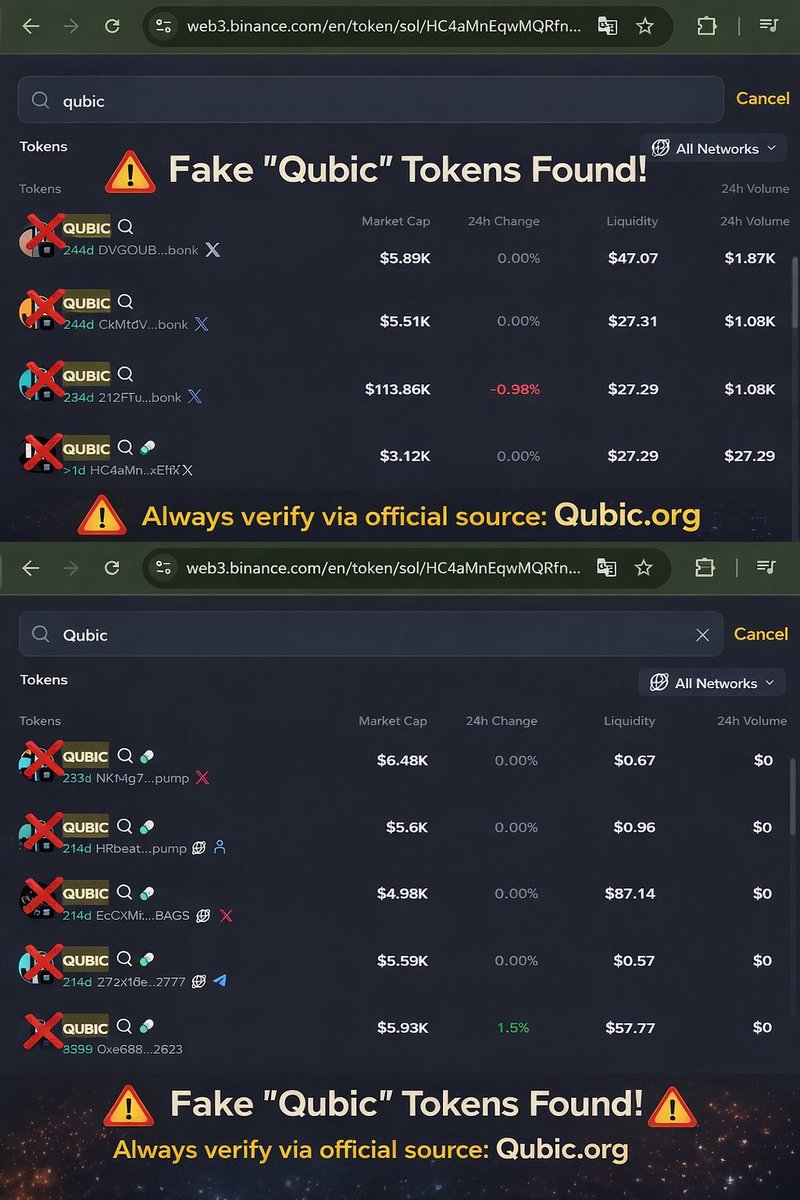 anhnt979's tweet image. 🚨 Warning: Fake “Qubic” tokens are appearing across DEX/Web3!
Don’t be fooled by similar names or logos.
👉 Always verify via official source: qubic.org
👉 Double-check contract before buying
DYOR — one mistake can cost you.
#Qubic #ScamAlert #Crypto 🚨