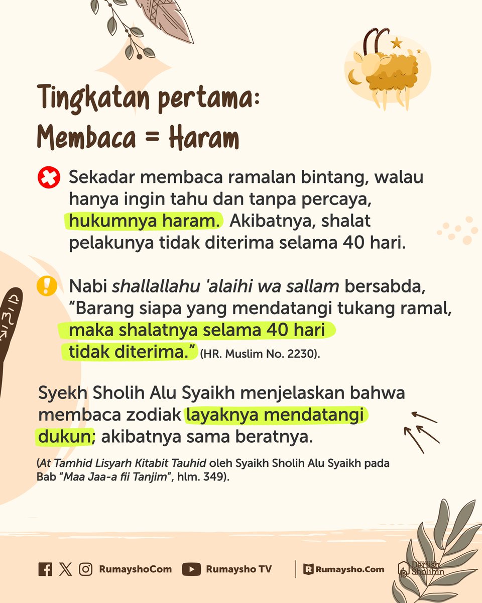 Membaca zodiak bukan sekadar hiburan. Ulama memandangnya setara dengan mendatangi tukang ramal karena sama-sama membahas perkara gaib yang hanya Allah ketahui.

Sekadar membaca sudah termasuk dosa dan berdampak pada tidak diterimanya shalat selama 40 hari lamanya.
