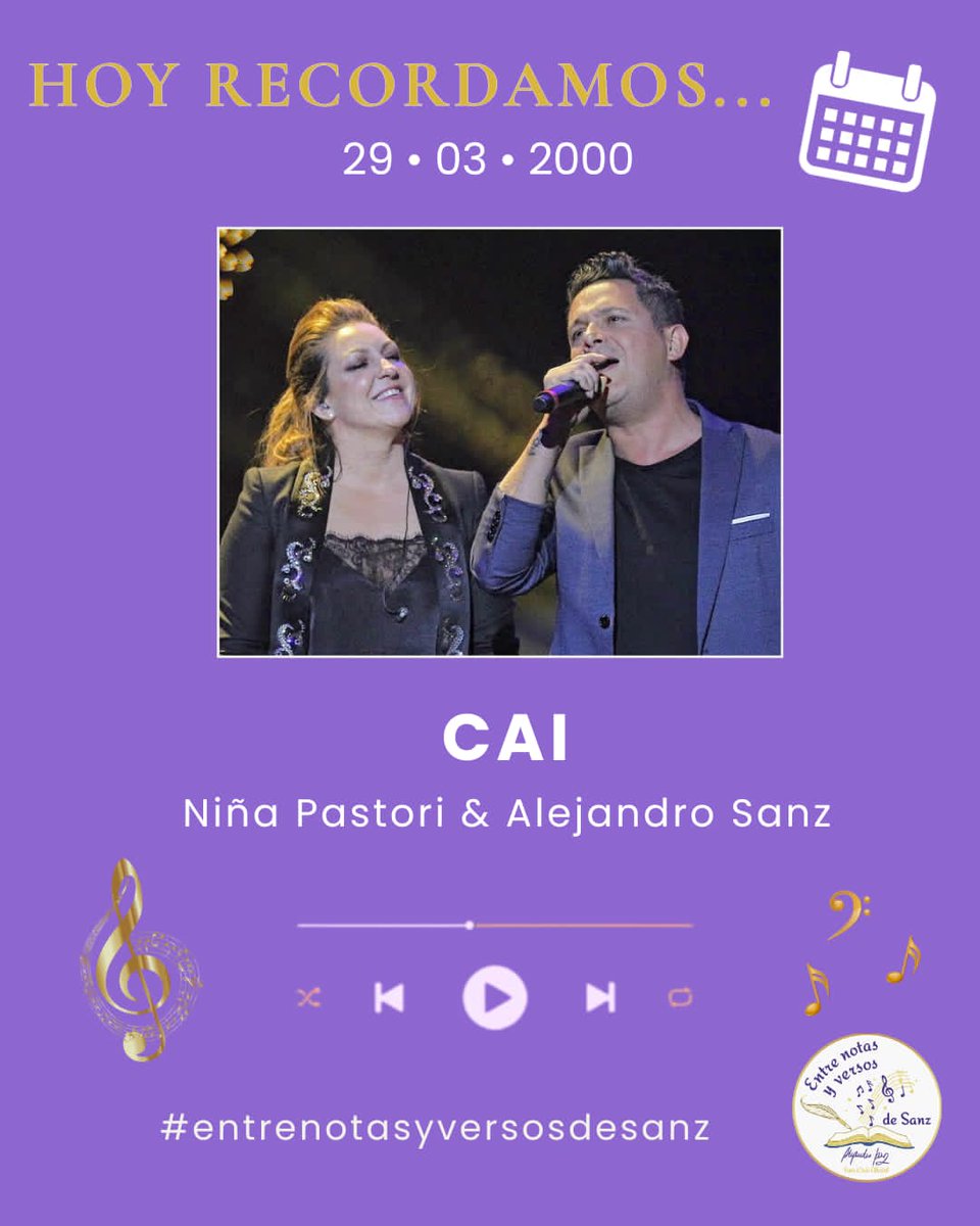 Hay canciones que no se escuchan, se sienten.
Versos que se quedan a vivir en la piel.
Hoy volvemos a abrir esa puerta para recordar #Cai una joya musical que compuso <a href="/AlejandroSanz/">Alejandro Sanz</a> para  <a href="/npastorioficial/">Niña Pastori Oficial</a> 💜

<a href="/NotasVersosSanz/">Entre Notas y Versos de Sanz</a> #músicaquesesiente  #recordando #alejandrosanz