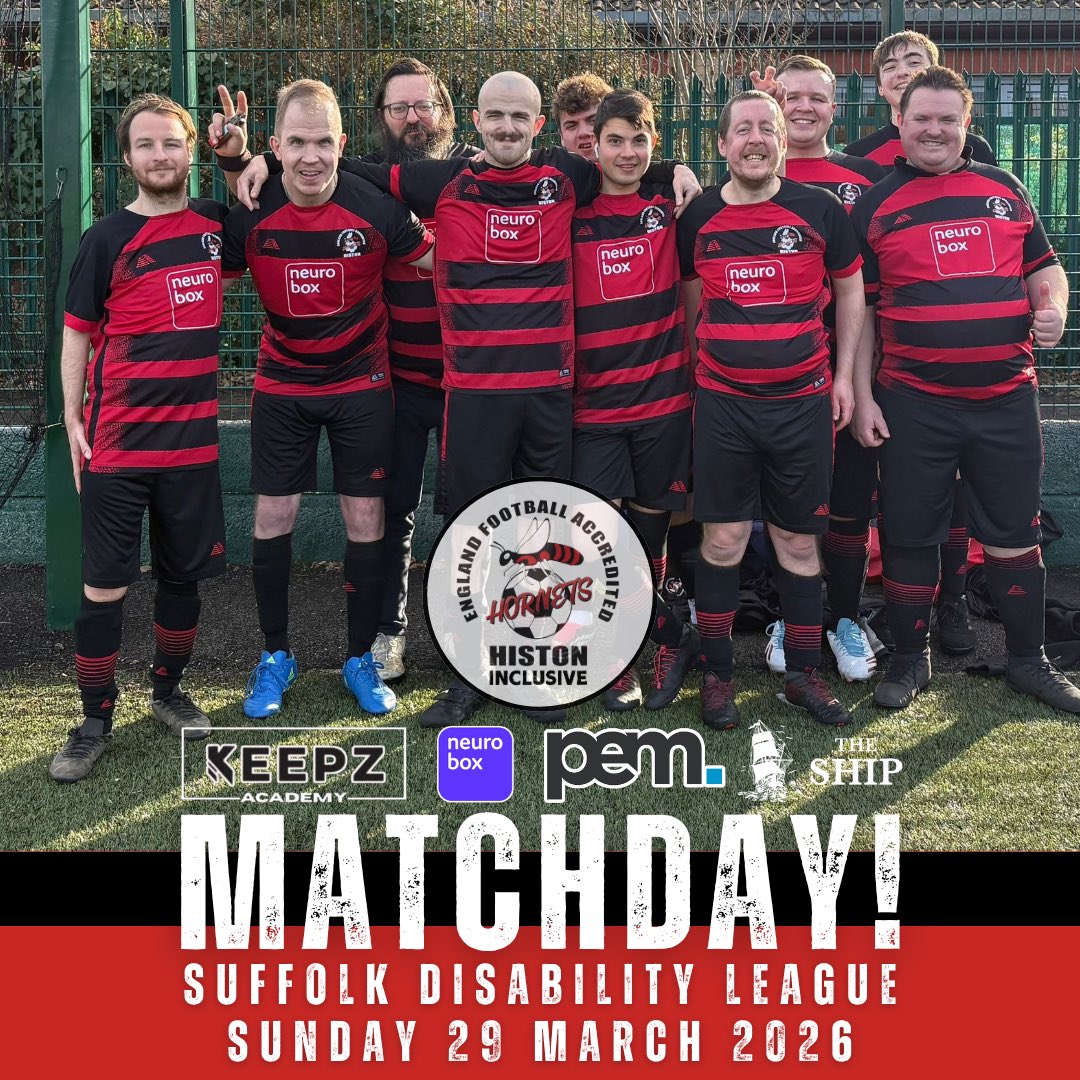 HistonInclusive's tweet photo. 🔴⚫️ MATCHDAY! 🐝

Back in action today with 21 adult players across our 3 teams in the penultimate Suffolk Disability League matchday of the season in Ipswich!

Our Premier &amp; League 1 sides are bidding for league titles &amp; our League 2 team are looking to solidify a mid-table 🐝 https://t.co/wfwlPKBWX2