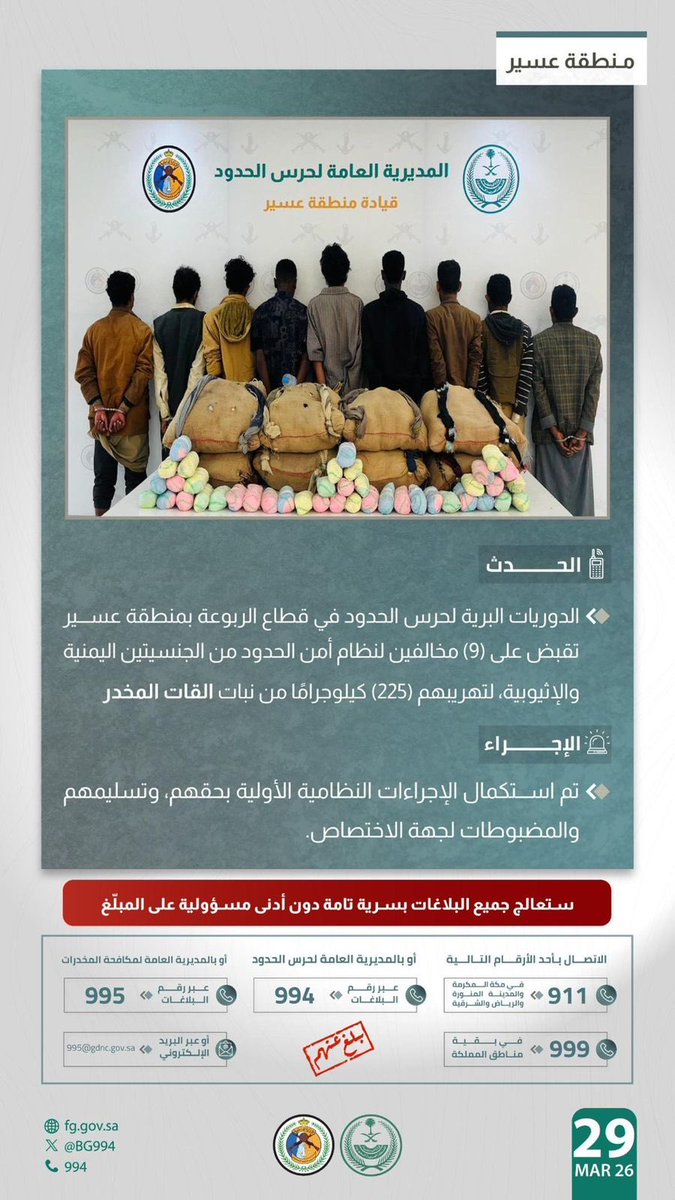 القبض على 9 من الجنسيّتَين الإثيوبية واليمنية في منطقة عسير