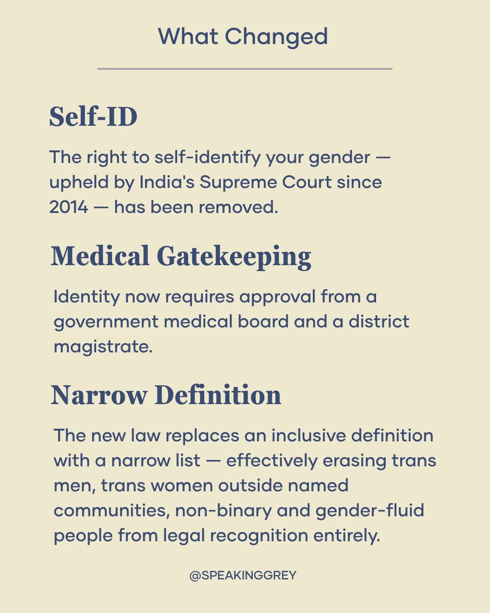 speakinggrey's tweet photo. When a law decides who you are, it doesn't just erase your identity — it fractures your sense of safety, belonging, and self.

The Transgender Persons Amendment Bill 2026 has just passed in India. https://t.co/WZiBTnJMJC