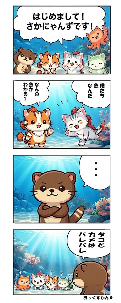 mix_sakanyanzu's tweet photo. 「はじめまして、さかにゃんずです🐟🐱」
今日から投稿はじめます！

海に住んでるちょっと不思議な子たちの漫画を描いてます。

ゆるく見てもらえたら嬉しいです☺️

※��プ欄に別の漫画もあります👇男と猫①

#四コマ漫画
#創作漫画
#猫漫画
#猫キャラ
#日常漫画 https://t.co/LcOdBMmI9z