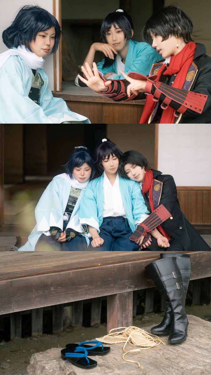 poya_kin's tweet photo. 📷cos   刀剣乱舞　※捏造沖田顔あり

𓂃𓂃𓂃 ともに 𓂃𓂃𓂃

大和守安定 @S2_Owt 
加州清光 @kiki_niwa 
沖田総司 @BOKKRIDAYO https://t.co/2yykXX6OTE