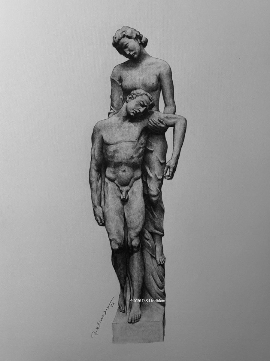 Finished! A pencil drawing of Josef Thorak’s “The Last Flight” (German: Der letzte Flug).

Created in 1940, depicting a dramatic, wartime scene featuring a German pilot, symbolizing aviation heroism, shown as a woman holding a dead soldier. 

Showcased at the House of German Art