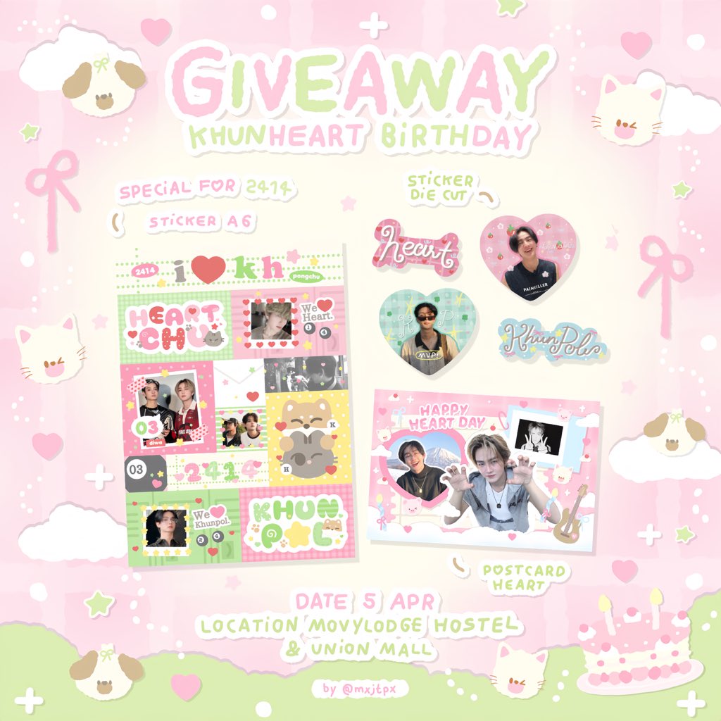₍𐙚ྀᐢ. .ᐢ₎   giveaway for KPH B-day ♡

⌗ postcard heartchu 🐽
⌗ sticker a6 💚🩷 * for 2414

      ✿ pls rt &amp; show this tw ✿

date : 05/Apr  |  time : tba
୨ৎ #2414noAkaiIto_KHUNHEART23BD 
୨ৎ #23rdFirstsThatLastHeartBD

#23rdGiveawaytoCHU
#KHUNPOL #HEARTchuthiwat
