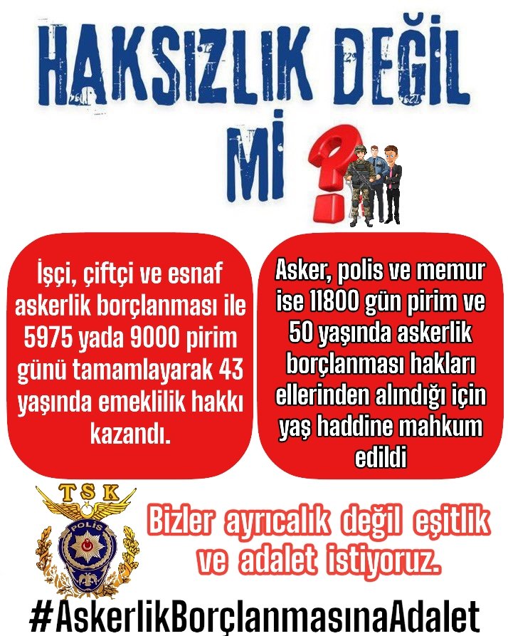 Sn <a href="/ilteryesiltas/">İlter Yeşiltaş</a> Bey
 Polislerin çözülmesi basit bütçeye hiç maliyeti olmayan sorunlardan biride #AskerlikBorçlanması mağduriyeti

Devlet Büyüklerimize mağduriyetimizi lütfen iletirmisiniz.
Lütfen artık mağduriyetimiz çözülsün.
<a href="/RTErdogan/">Recep Tayyip Erdoğan</a>
<a href="/dbdevletbahceli/">Devlet Bahçeli</a>
<a href="/mustafaciftcitr/">Mustafa ÇİFTÇİ</a>