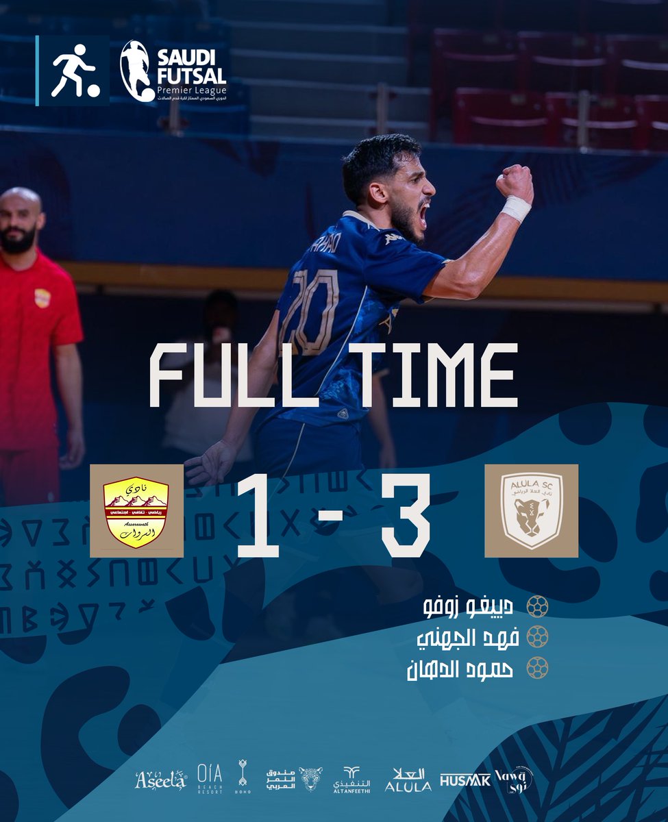 AlUlaclub's tweet photo. الدوري السعودي الممتاز لكرة قدم الصالات 🏆 - الأدوار النهائية - 

نهاية المباراة : #العلا 3-1 السروات   

⚽️ دييغو زوفو 
⚽️ فهد الجهني 
⚽️ حمود الدهان 

#العلا_السروات | #صالات_العلا https://t.co/d956r0pdDK