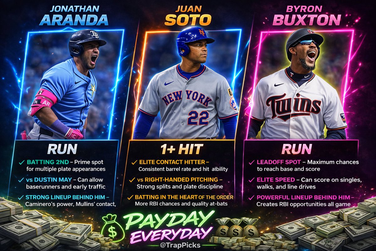 imkingjuno's tweet photo. MLB 🎯

Soto 1+ Hit  
Aranda Run  
Buxton Run  

Top of lineup + run value = edge

PayDayEveryday 💰  
#TrapPicks #mlbpicks https://t.co/TBmls0d5Xr