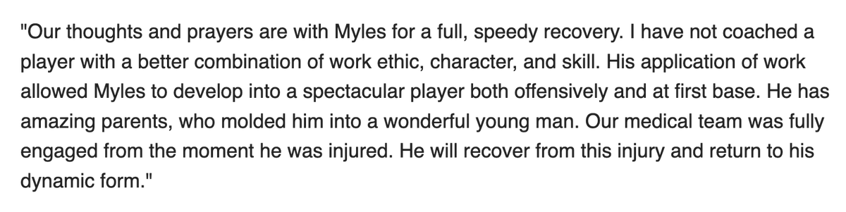 Warchant's tweet photo. BREAKING: @FSUBaseball announces Myles Bailey undergoes successful surgery, will miss remainder of 2026 season.

He is expected to make a full recovery.

Statement from head coach Link Jarrett: https://t.co/g9w240Z0oD