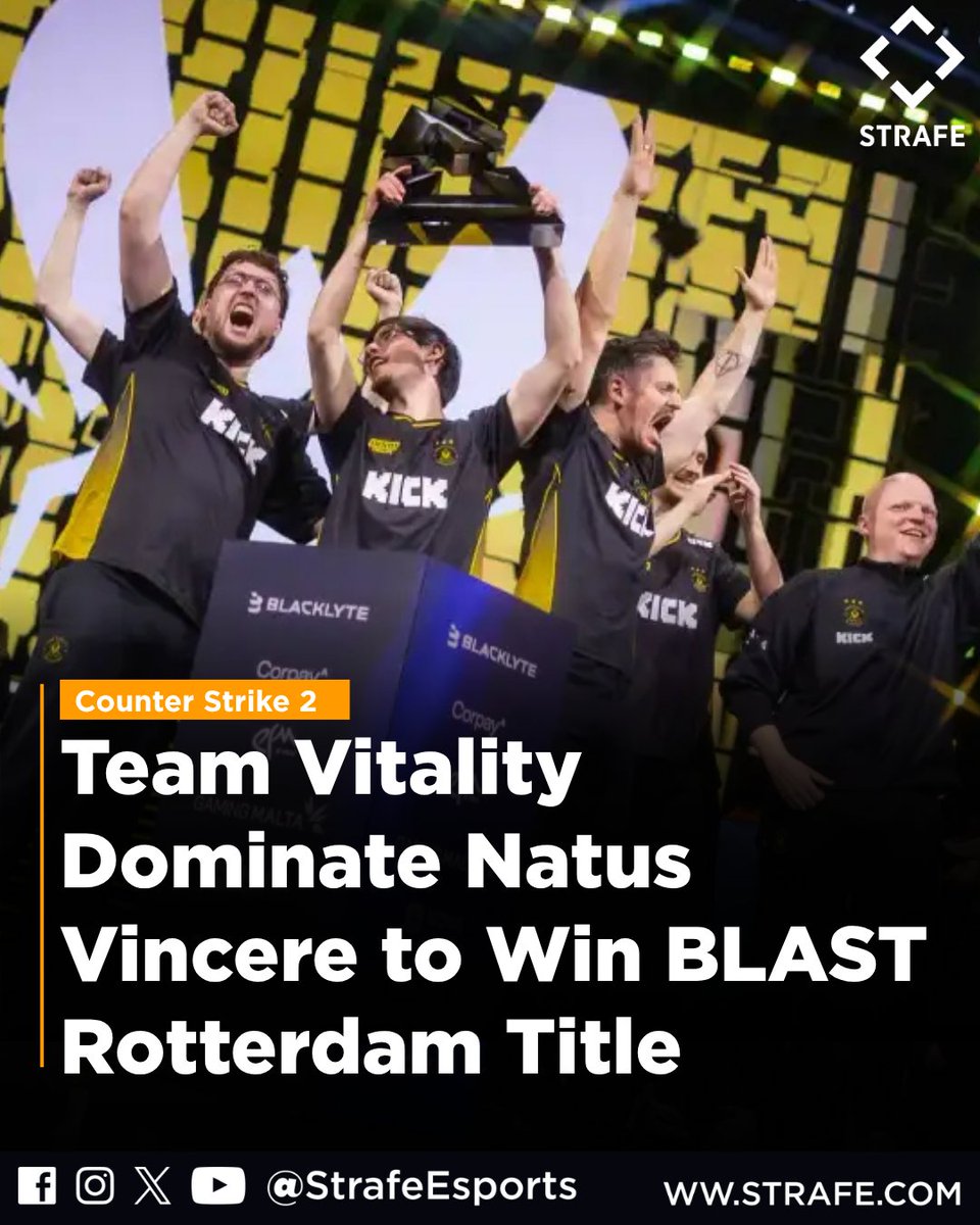 strafeapp's tweet image. Vitality just ran through NAVI.

3-0 in the BLAST Open Rotterdam final. Third trophy of the year. 16 match win streak.

This team is not slowing down.

#CS2 #Vitality #BLAST