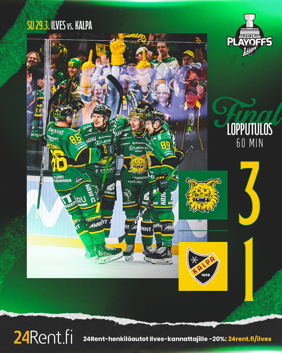 Ilves voittaa ja nappaa ensimmäisen kiinnityksen ottelusarjassa! 🔥

🚗 24Rent-henkilöautot: 24rent.fi/ilves

#Ilves #Liiga