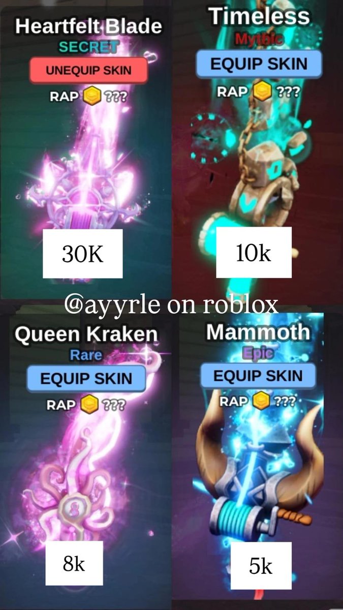 maloveayy's tweet photo. WTS skin rod fish it

Heartfelt Blade 30k
Timeless 10k
Queen Kraken 8k
Mammoth 5k
Turbo Shrimp 5k
Soulreaver 4k

Take All 55k
AvQris, Testi On Pinned https://t.co/F7JsCWEjBb