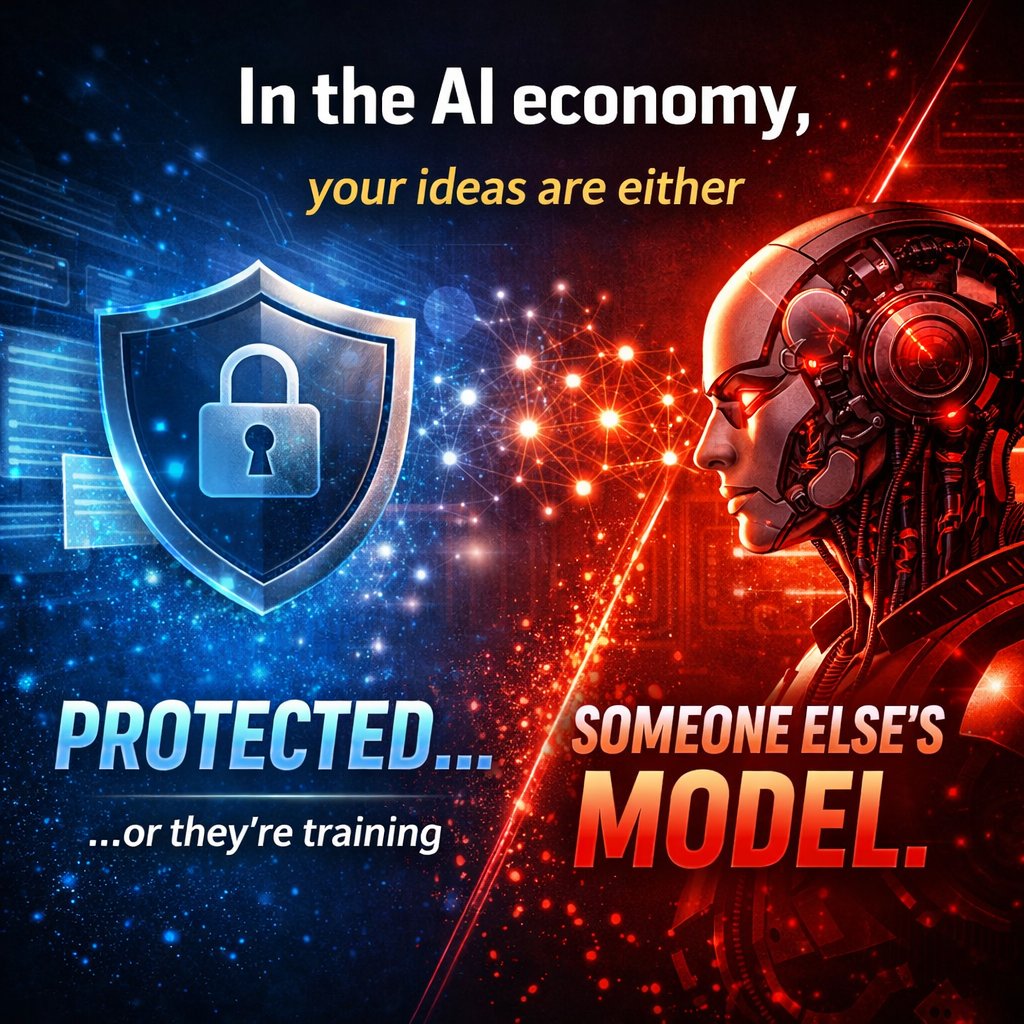 karyoberbrunner's tweet photo. In the AI economy, your ideas are either protected or they’re training someone else’s model.

To all my Creator friends and entrepreneurs: AI is often a helpful tool; just remember to PROTECT your ideas before you PROMOTE them.

Need help? Protect your first idea at: https://t.co/X46VfwTYy1 @realInstantIP