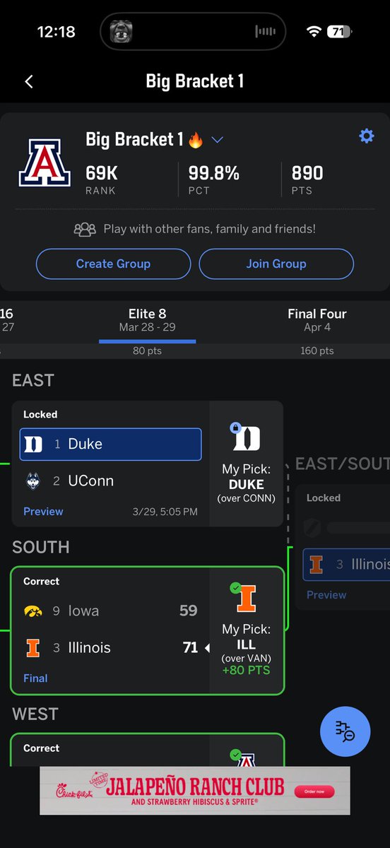 CrankJohnsonLLC's tweet photo. Hey fellas what yall think of my bracket. Top 69k! #MarchMadnessMBB #bracket #arizona https://t.co/luTE1xqEWY