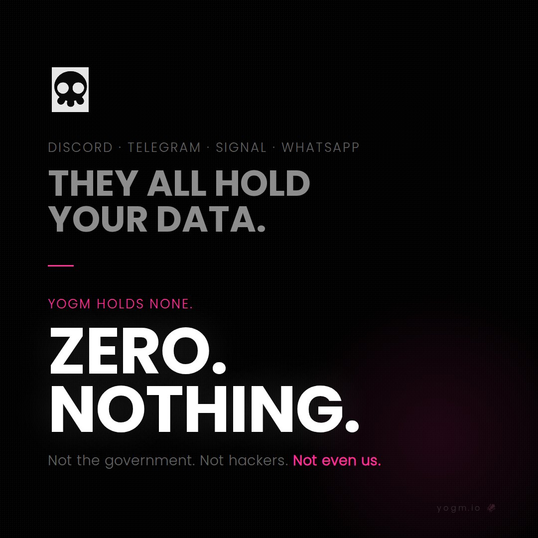 yogm_io's tweet photo. Discord, Telegram, Signal, WhatsApp ⇢ Every single one holds your data.

YOGM is the only messenger on the market where nobody holds your data.
Not Even Us!

Check it out [LINK in BIO] https://t.co/2o6TaVDw8y