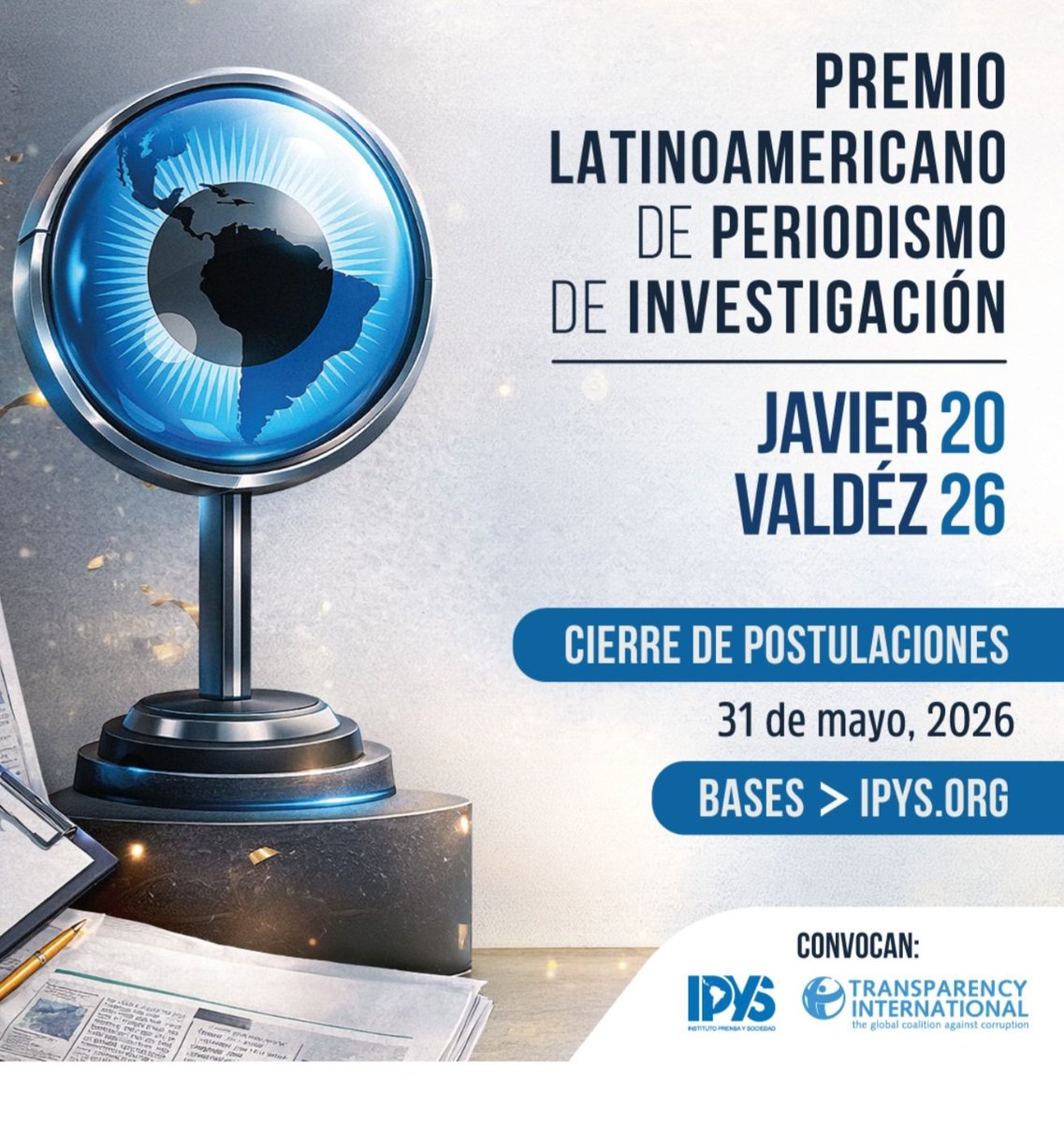cafocaressv's tweet photo. El Instituto Prensa y Sociedad (IPYS) y Transparencia Internacional convocan a la edición 2025 del Premio Latinoamericano de Periodismo de Investigación, el galardón más importante de la especialidad en la región. La organización recibirá postulaciones hasta el próximo 31 de mayo https://t.co/omMo1zBRAt