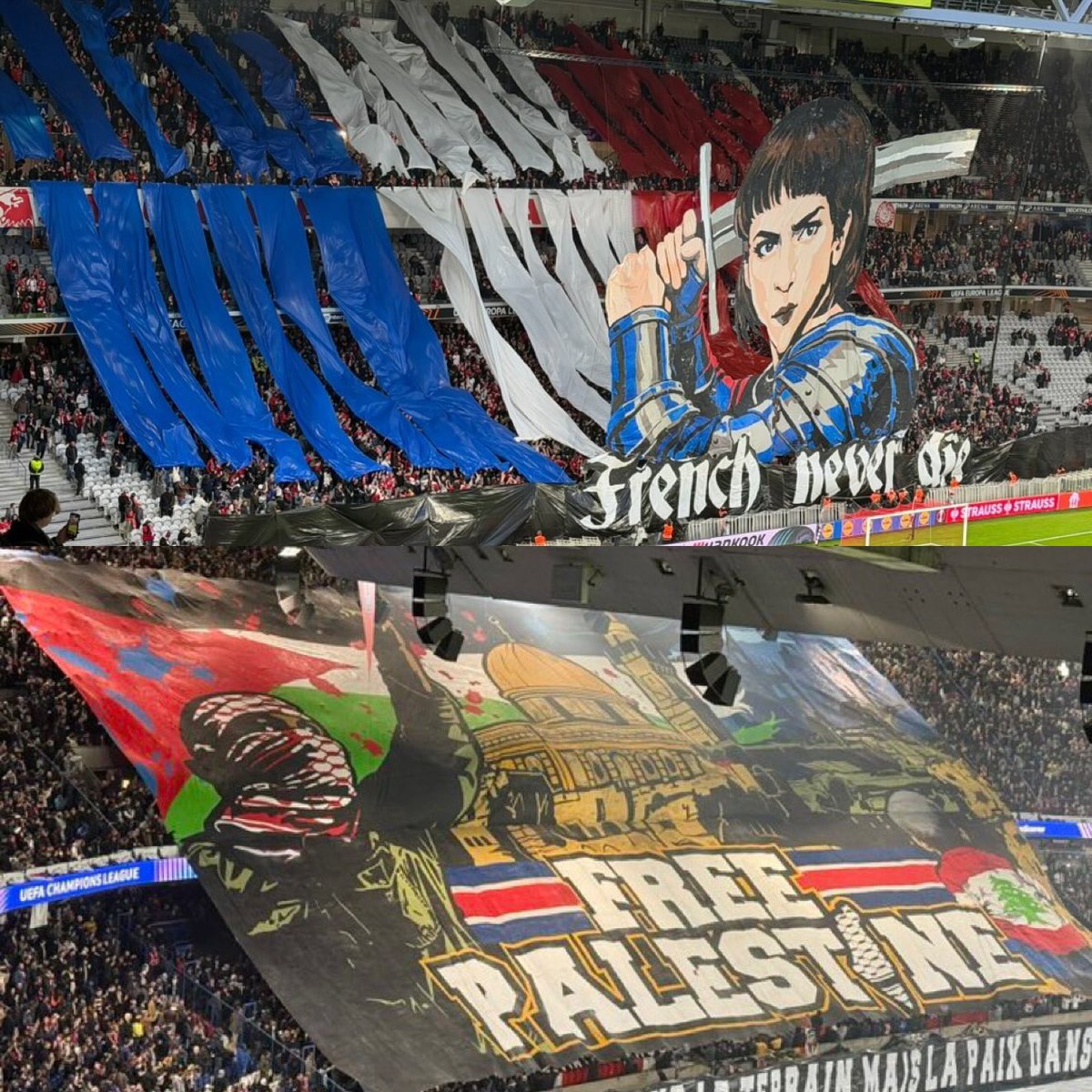 <a href="/BastionMediaFR/">Bastion</a> Tifo lillois du haut : sanctionné par l’UEFA par une amende de 82500 euros. ✅

Tifo parisien du bas : circulez, il n’y a rien à voir. ❌

Insupportable deux poids deux mesures.😤

Jeanne d’Arc est une héroïne française, ce n’est pas une incitation à la haine.