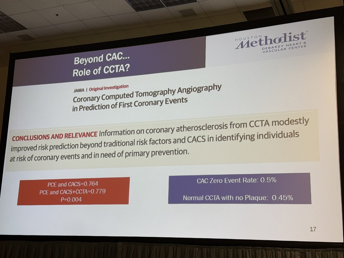 iamritu's tweet image. @khurramn1 on #powerofzero #acc26 
Is it worth getting a #yessct 
(2a class) beyond a CAC score(class 1) for Risk assessment? 
SCAPIS trial:
PCE + CACS=0.764
PCE + CACS+CCTA=0.779
P value signif but if
CAC = Zero, Event Rate is 0.5% 🆚 If Normal CCTA with no Plaque: 0.45%