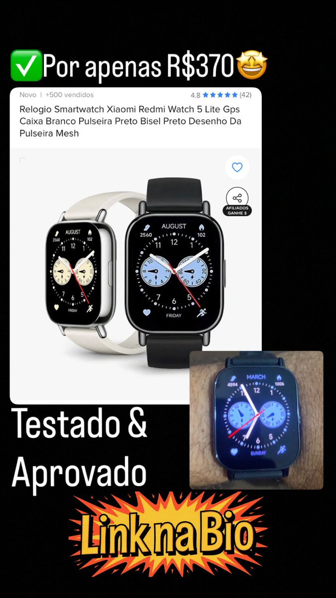 AndreZao_off's tweet photo. ⌚️Smartwatch Xiaomi Redmi Watch 5 Lite 
✅Por apenas R$370🤩 Oferta Imperdível 

📍GPS integrado
🩸Monitoramento de Saúde
❤️Frequência cardíaca 24 horas

🤩Compatível com Android 6.0 ou superior 🤩Compatível com iOS 12.0 ou superior.

Acesse o Link:

https://t.co/6gPV5TTIiQ https://t.co/sgMFtgS85H