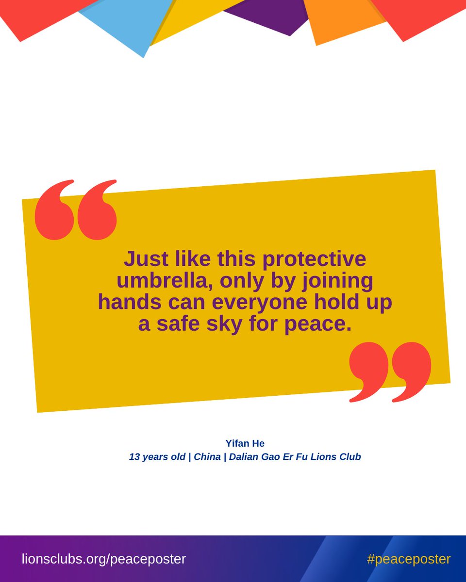 ICYMI: The 2025-26 Lions International #PeacePoster Contest Grand Prize Winner is Yifan He, 13, sponsored by Dalian Gao Er Fu Lions Club (China)! 

“People of different races and technological backgrounds need to unite to jointly resist the threat of war. Just like this
