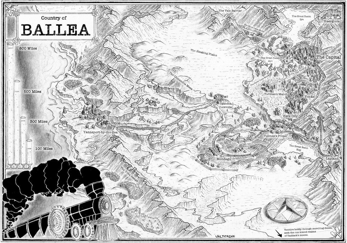 DMValterink's tweet photo. A vast country connected by rails.
Are the roads safe for travel?
Or will there be danger waiting the next town over?

Authors, game masters and worldbuilders - I take map commissions. 
Climb on board, send me a message! https://t.co/ey8MP8T2xj