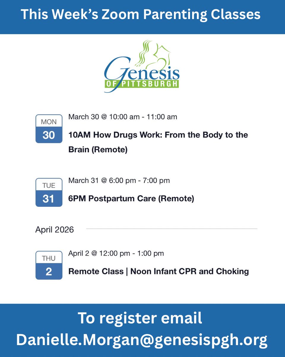 GenesisPgh's tweet image. Join us this week for our FREE Zoom Parenting Classes! 

All classes are free and open to anyone who is pregnant or parenting an infant.

To register, contact:
📧 Danielle.Morgan@genesispgh.org

#GenesisofPittsburgh #ParentingSupport #PregnancySupport #NewParents #FreeClasses