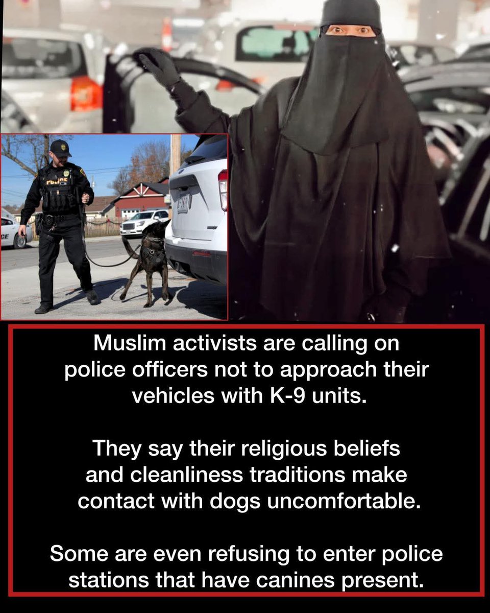 🚨In Islamic tradition, dogs are often considered "ritually impure."
 
Muslim activists are asking police with K9 units to not approach them because it's against their religion. 

❓️: Should Police with K9 units respect their "religious beliefs?"