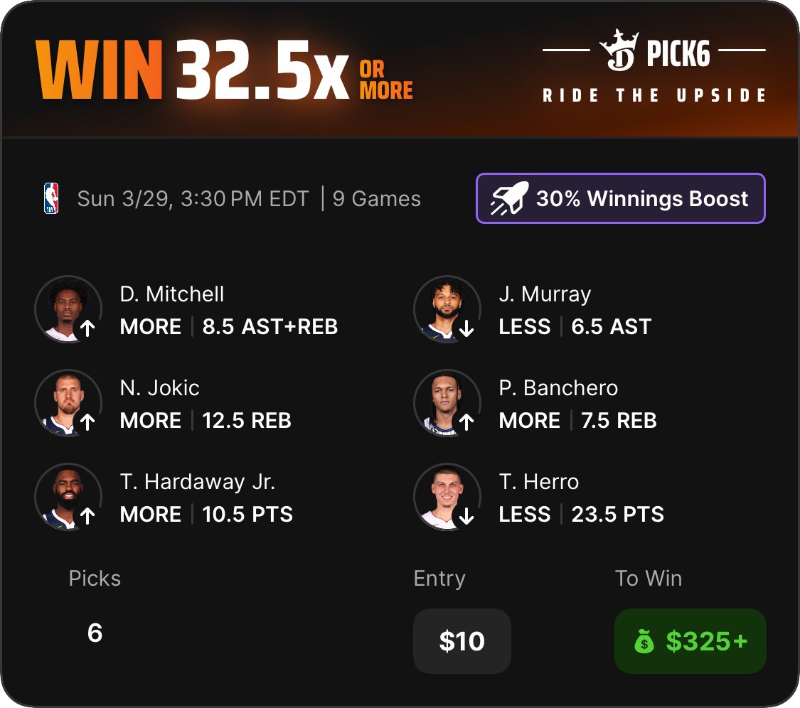 Check out my DraftKings Pick6 Entry! pick6.draftkings.com/?sport=NBA&pic…