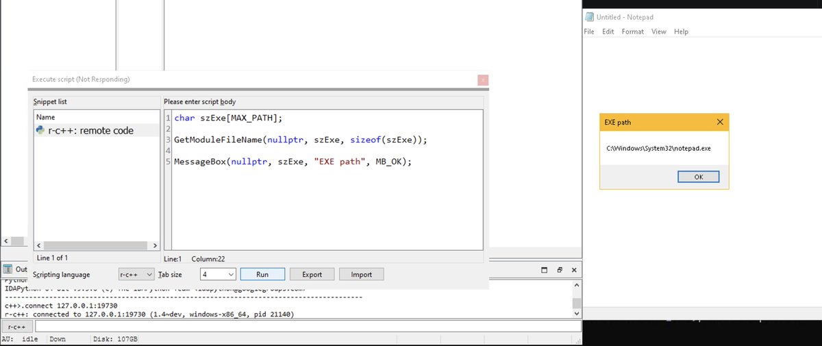 allthingsida's tweet photo. In the next version of idacpp, you can ".connect <host:port>" to a foreign process and directly issue remote c++ commands (or run full c++ files) in the context of the debugged program (Appcall on steroids). https://t.co/SMA6EJtAro