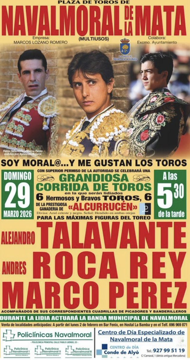 jemcito's tweet photo. Hoy en Navalmoral de la Mata, Cáceres, @aletalavante, @RocaRey y Marco Pérez. Toros 🐂 de Alcurrucen @isa_lozano5 y @lozan13. https://t.co/TeJscMbXQf
