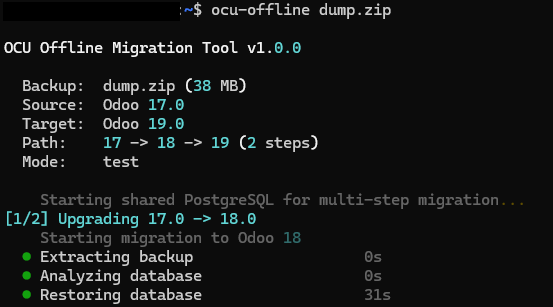 OdooCommunityUp's tweet photo. We have some news 😎

Introducing OCU Offline migration tool!

No you can migrate your Odoo CE database on-premise just by running ocu-offline your-db.sql 

Same flow, same backend, same logs, just private and local. https://t.co/sbW5YrLthB